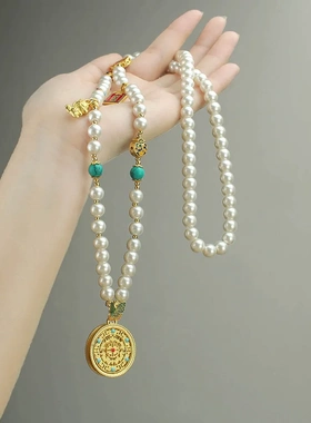 新中式毛衣链高级感秋冬长款小众复古国风串珠珍珠项链平安锁吊坠