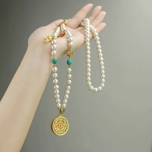 新中式毛衣链高级感秋冬长款小众复古国风串珠珍珠项链平安锁吊坠