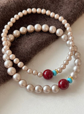 朱砂手串女生珍珠手链轻奢感小众复古绿松石串珠叠戴手饰