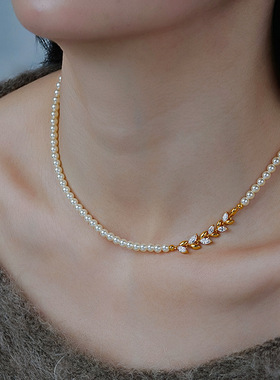 麦穗锆石珍珠项链配饰女款轻奢小众设计锁骨链毛衣链秋冬颈链饰品