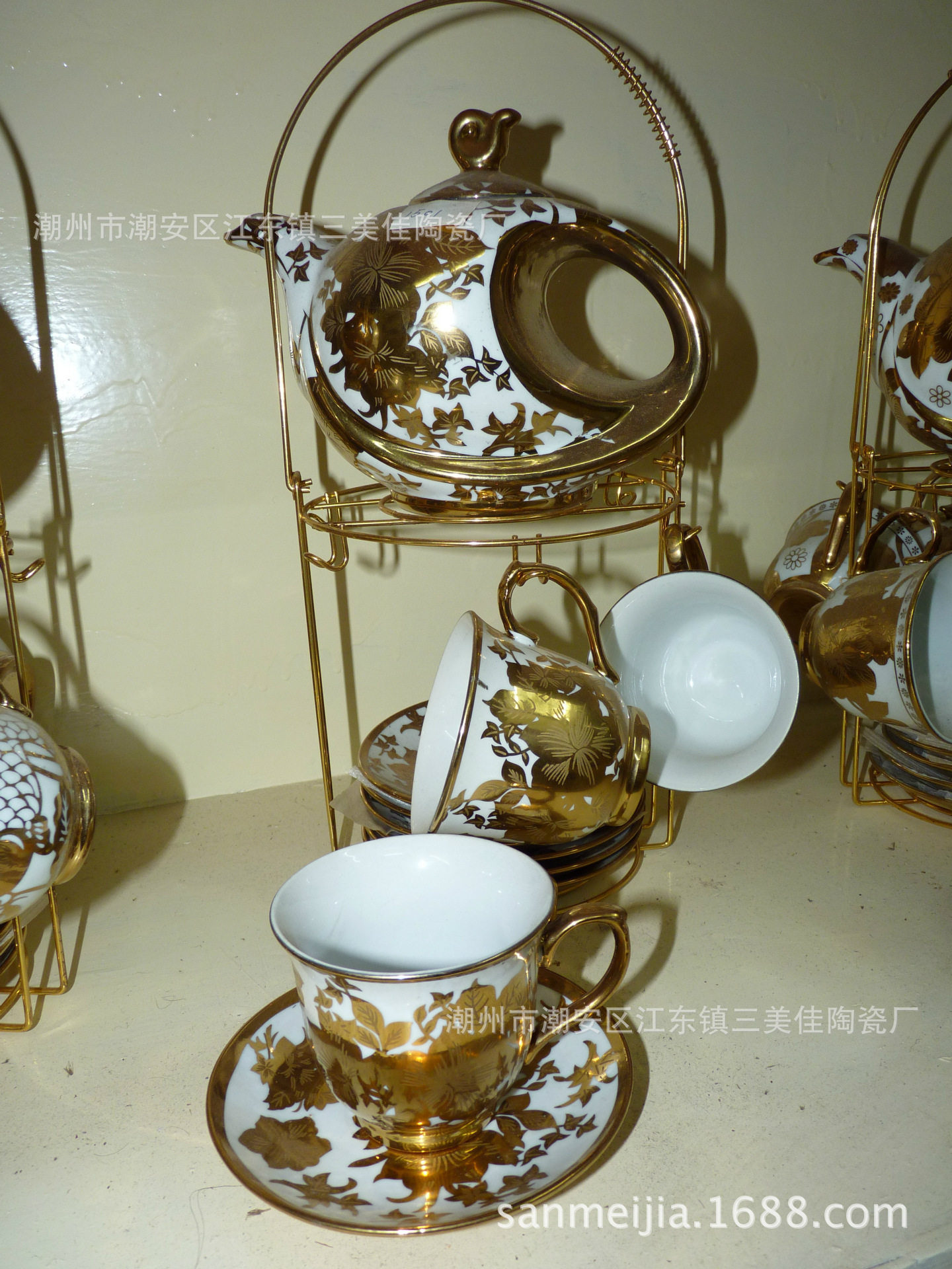 欧式古钛金陶瓷电镀咖啡杯碟9寸鸟壶茶具大13头,金属架彩盒包装