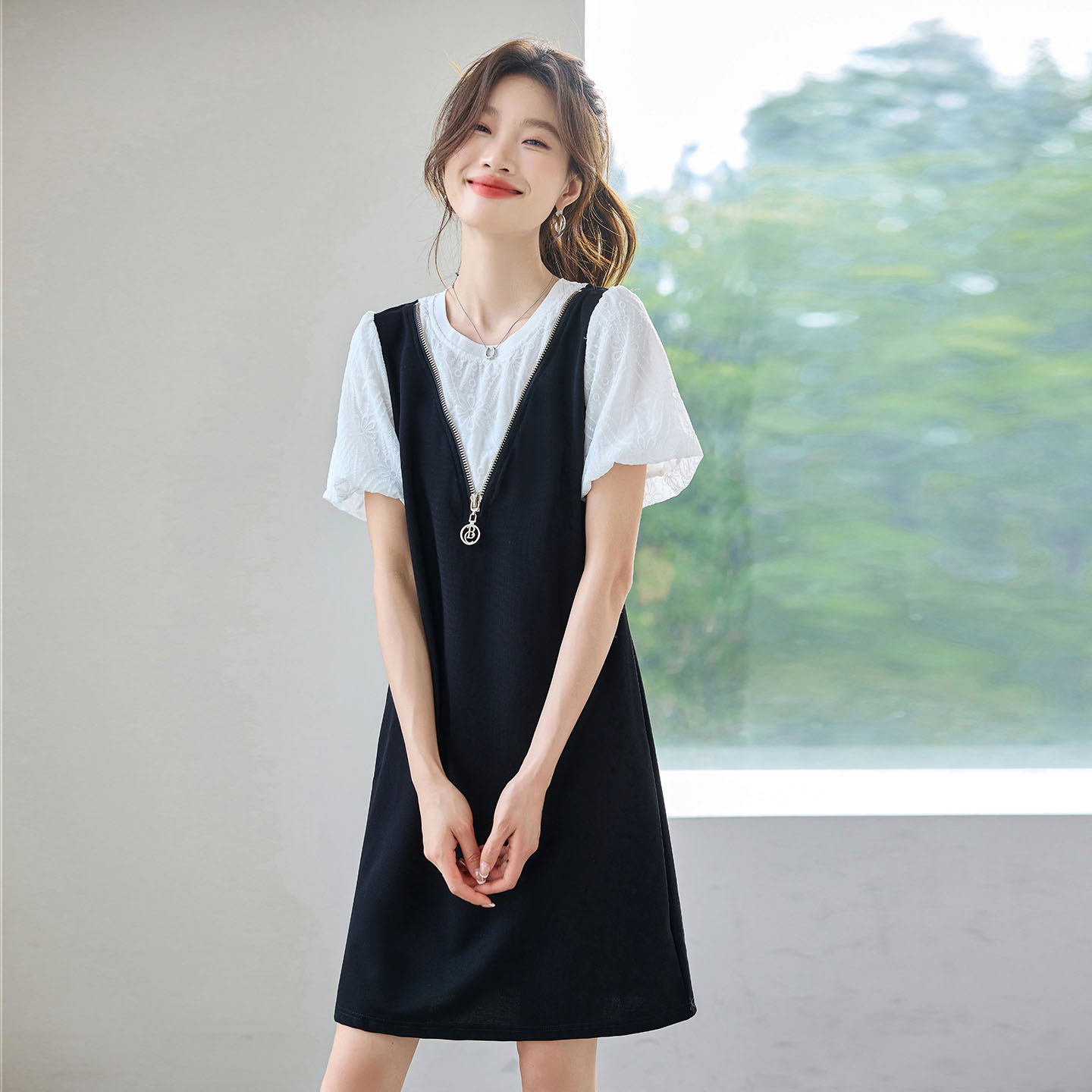 2025夏季新款小个子假两件休闲宽松连衣裙减龄微胖遮肚子裙子女薄