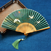 极速扇子棕骨飞鹤汉服旗袍折扇中B国风舞蹈扇女夏季 复古 折叠古装