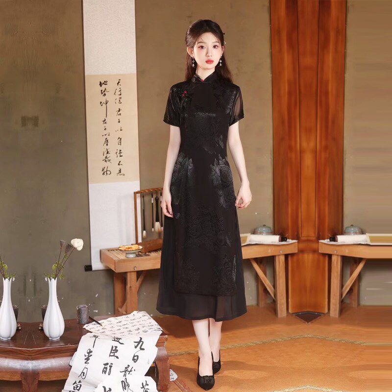 新品黑色旗袍奥黛改良式连衣裙小个子妈妈遮肚子R日常年轻女夏装