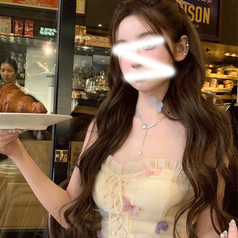 新品蝴蝶结印花绑带抹胸背心女春季小个子纯O欲套装包臀半身短裙