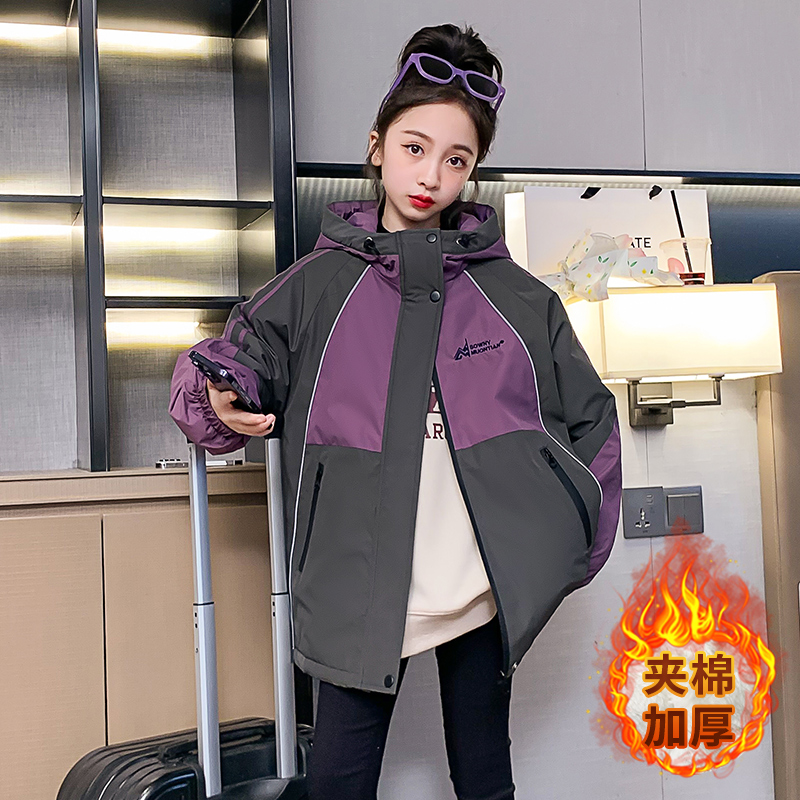极速女童冲锋衣外套秋冬款2023新款F洋派儿童发夹棉加厚棉衣防风