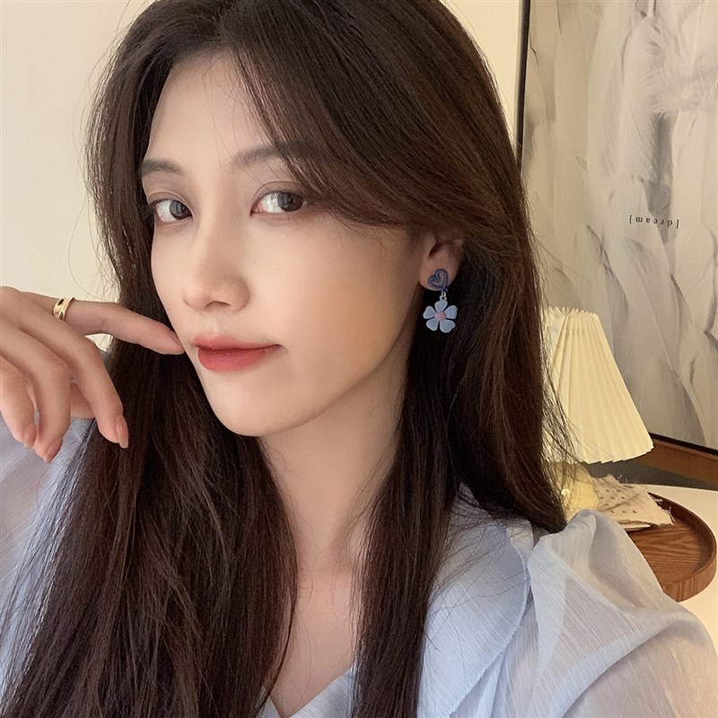 极速少女可爱蓝色花朵兔子银w针耳针趣味甜美卡通耳坠ins风无耳洞