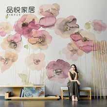 北欧手绘水彩虞美人花卉壁纸创意客厅电视背景墙墙纸无缝墙布壁画