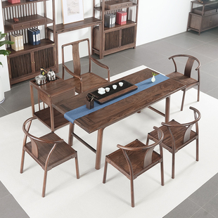 高端新款 实木办公茶桌茶室大茶台 乌金木茶桌椅组合一桌五椅新中式