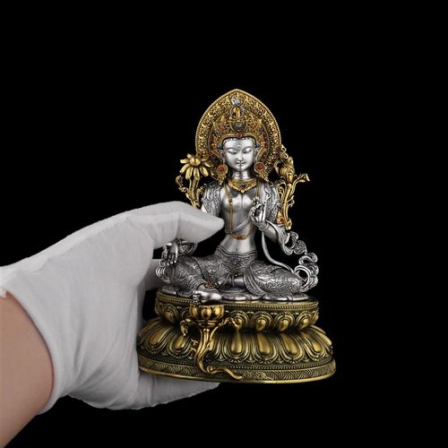 极速尼泊尔工艺绿度m母菩萨藏传纯铜白铜鎏银五寸手工镶嵌佛像摆
