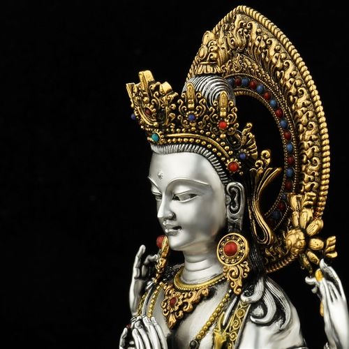 极速尼泊尔工艺四臂观音s菩萨藏传纯铜白铜鎏银五寸手工镶嵌佛像