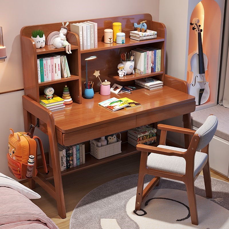 极速简易学习桌i高中生家用电脑桌书桌书架一体实木儿童做作业桌