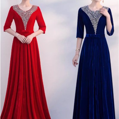 大合唱团演出服女长裙大红色成人学生中M老年比赛朗诵表演礼服