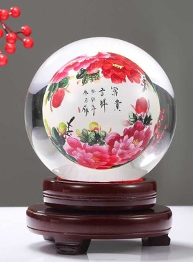 富贵牡丹内画水晶球摆件送商务礼品结J婚礼物家居客厅装饰品摆件