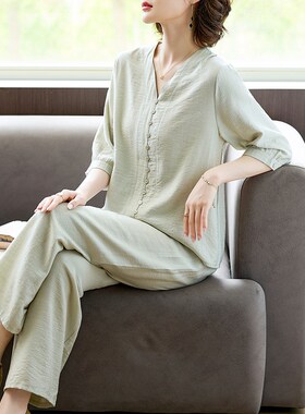 新品妈妈夏装真丝套装2q025新款短袖T恤衫中老年女夏季休闲上衣两