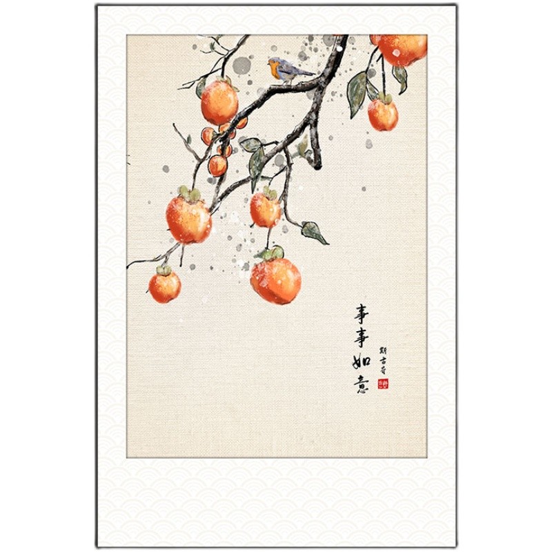 极速新中式餐厅挂画柿柿如意民宿饭厅包厢L装饰画玄关过道水果组图片