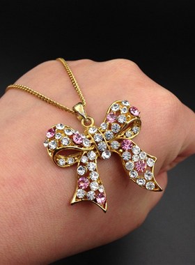 极速小彩色e钻石唯美公主风晶钻镂空蝴蝶结镀金长项链毛衣链首饰