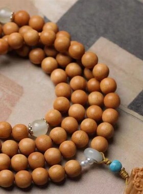 新品澳洲檀香8mm配度母吊坠夜明D珠佛珠流苏文玩奶香味佛珠手串车