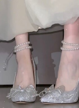 新品18b岁成人礼水晶鞋新款银色婚鞋蝴蝶结尖头高跟鞋女细跟珍珠