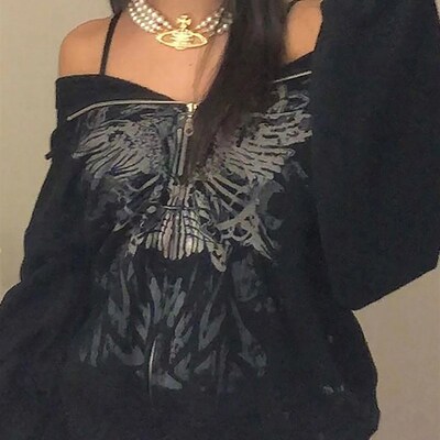 极速ALLNeon Y2K Grunge Punk Butterfly Print OveSrsize Zip Up