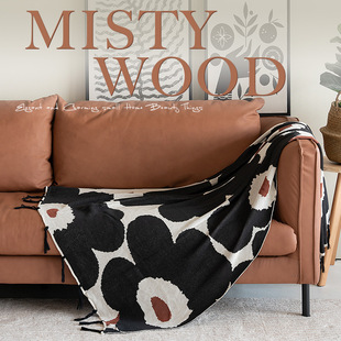 极速北欧bins风沙发毯盖布黑色罂粟花朵盖毯午睡搭毯子针织空调小