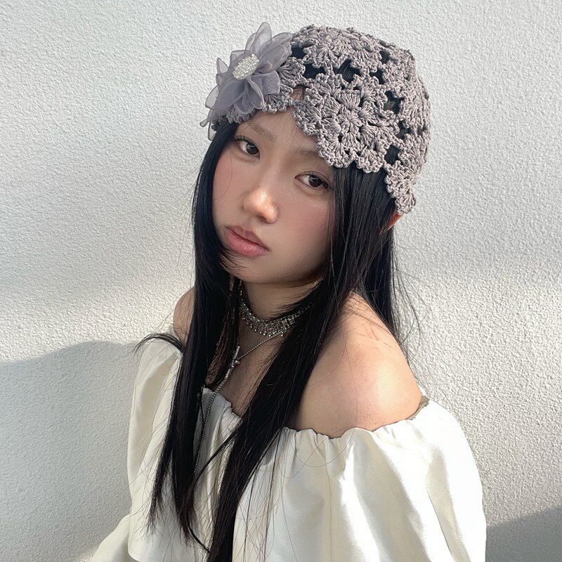 热销早春薄款镂空帽女帽优雅文艺花F朵毛线帽可爱织帽小众设计套