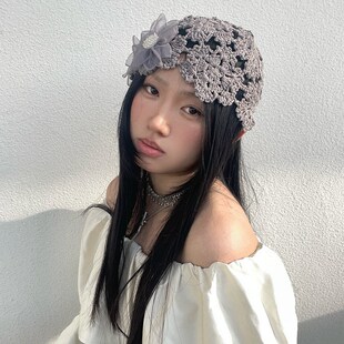 早春薄款镂空帽女帽优雅文艺花F朵毛线帽可爱织帽小众设计套
