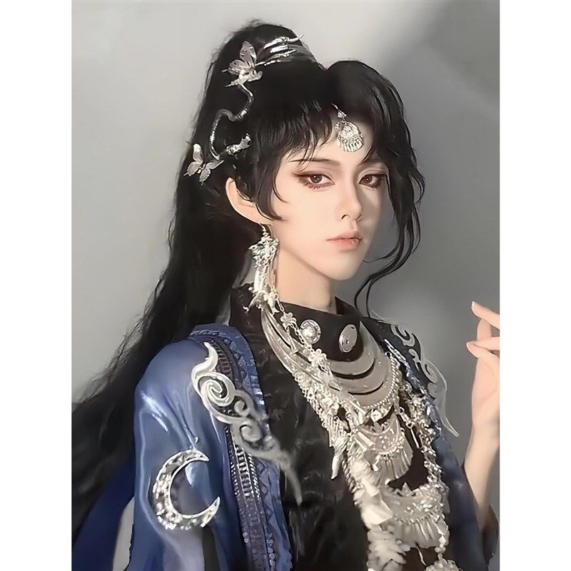速发苗疆少年假发男异域古风长发国风拍照用道具高马尾整顶发套