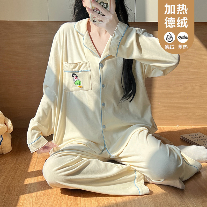 德绒翻领开衫长袖宽松甜美家居服法兰绒睡衣qyg