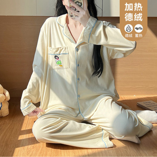 德绒翻领开衫长袖宽松甜美家居服法兰绒睡衣qyg