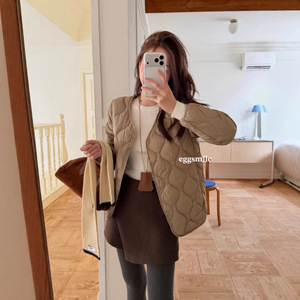 2025冬新款奶油慕斯菱格棉衣轻薄无领棉袄保暖修身轻便棉服外套c