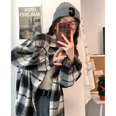 【双11福利】韩版hiphop撞色格子长袖衬衫宽松慵懒风百搭外套x2