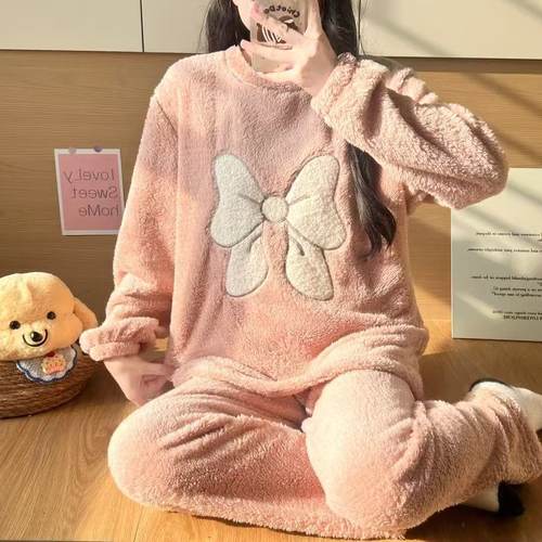 德绒翻领开衫长袖宽松甜美家居服法兰绒睡衣ak