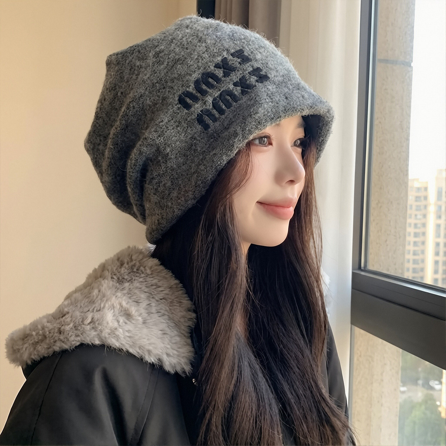 慵懒风冷帽女款2025新款秋冬大头围针织堆堆帽保暖护耳毛绒包头帽