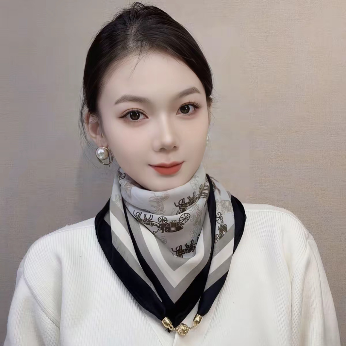 新款磁吸扣棉麻方巾春秋丝巾女时尚高级感围巾方巾护颈围脖