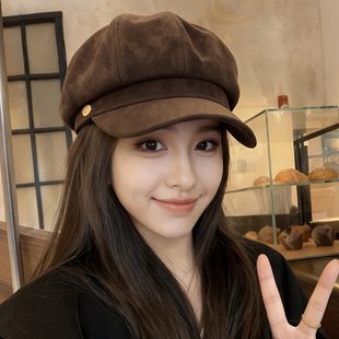 2025新款麂皮绒贝雷帽女秋冬大头围鸭舌八角帽子显脸小百搭报童帽