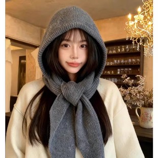 针织巴拉克拉法连帽子围巾一体女冬季百搭保暖护颈围脖护耳毛线帽