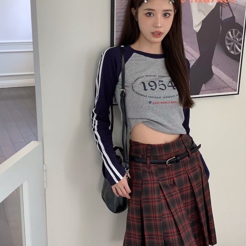 新品甜辣套装女短款长袖T恤w上衣夏季高腰短裙子百褶裙半身裙两件图片