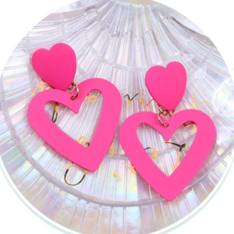 极速玫红色爱心镂空耳钉合z金款耳环方形耳坠烤漆耳饰品女