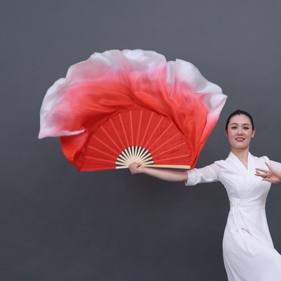现货速发舞蹈扇子跳舞扇真丝长绸扇渐变成人儿童开幕式道具秧歌扇