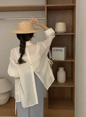 速发法式白色丝天防晒外套开薄款真丝衬衣夏衫开叉上衣