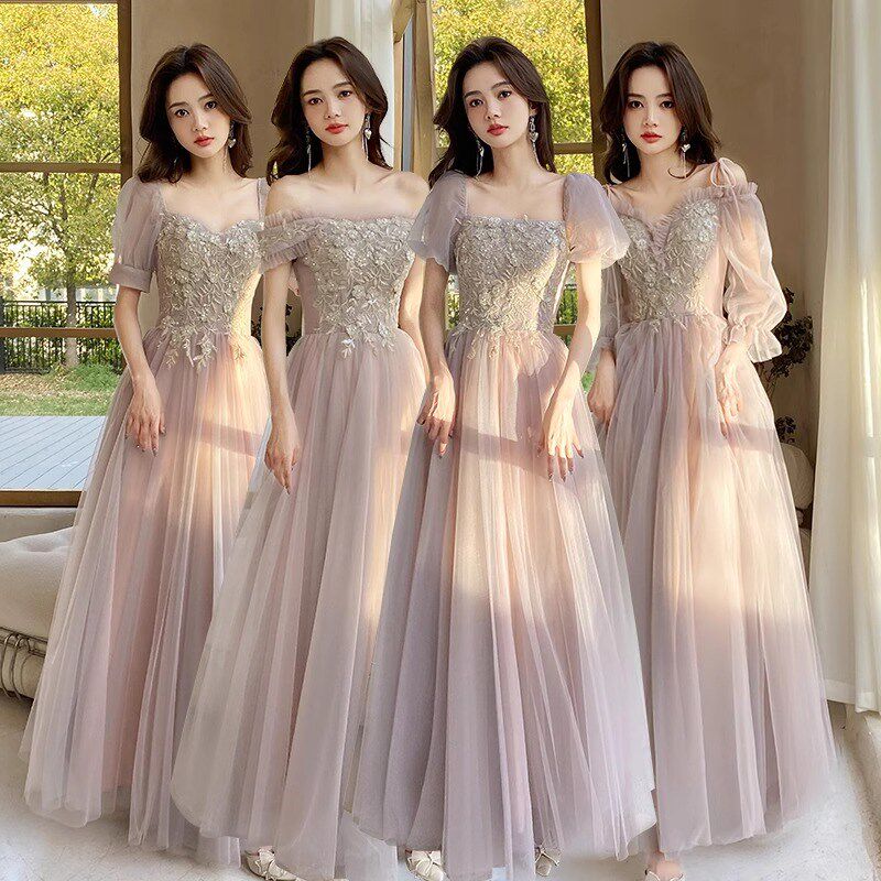 速发伴娘服粉色2025新款夏季婚礼姐妹团高级感合唱团礼服裙长款