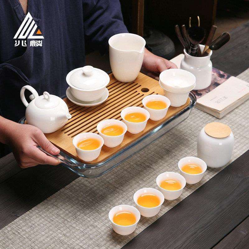 兆麟家用会客干泡茶具套装新中式德化羊脂白玉瓷泡茶器竹制茶盘