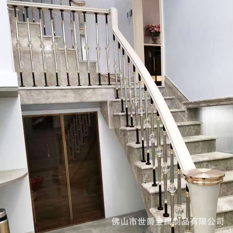 现代轻奢室内铝艺水晶护栏 别墅自建房楼梯立柱平台立柱护栏扶手