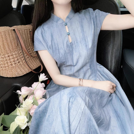 新中式国风改良旗袍蓝色连衣裙子女装2025夏季新款气质小个子长裙