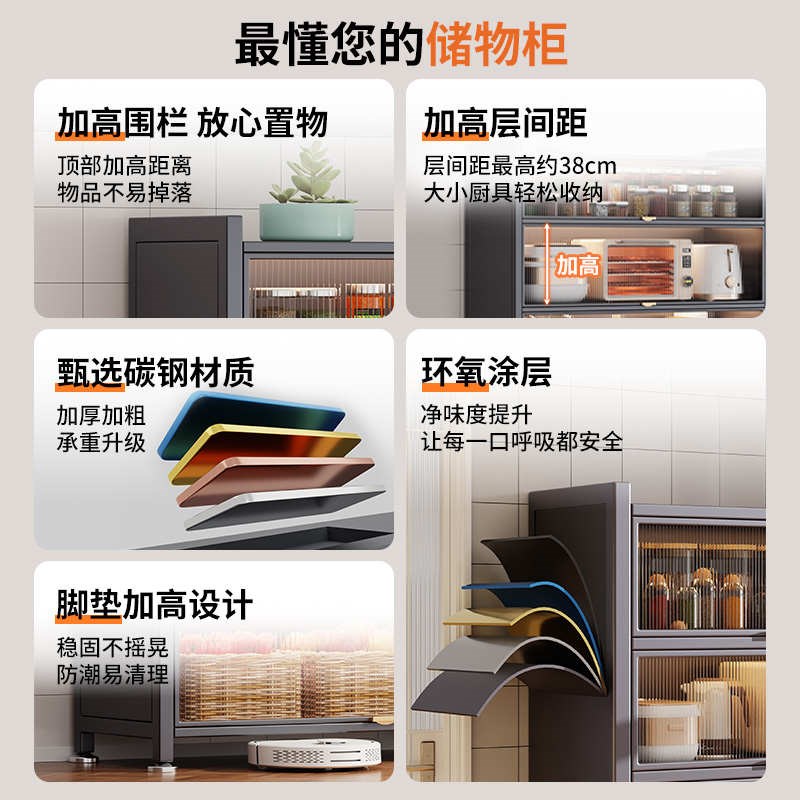 厨房家用橱柜防尘落地多层微波炉带D门电器收纳置物架多功能储物