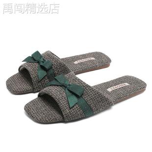 法式 小方头棉拖鞋 女甜美蝴蝶结情侣加绒保暖牛筋底居家鞋 男秋冬季