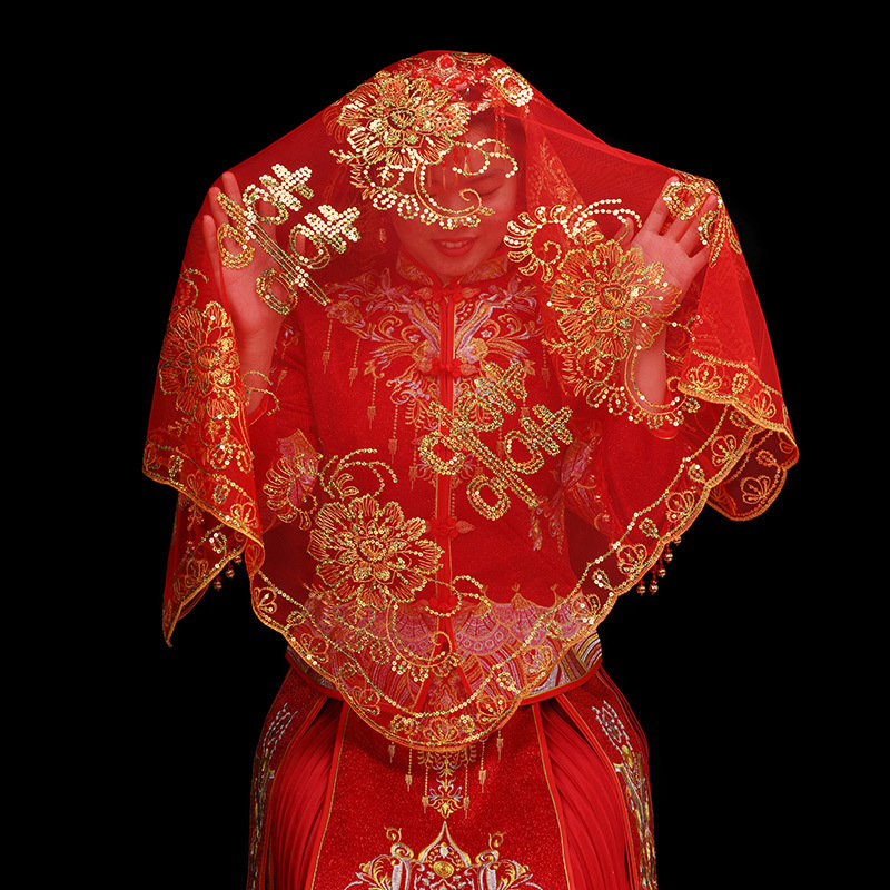新娘红盖头中式婚礼半透明红色网纱秀禾服新娘蒙头喜帕婚庆用品