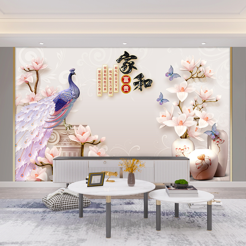 家和富贵墙纸客厅电视背景墙壁纸新中式3d立体浮雕壁画花鸟壁布画