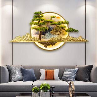 客厅沙发背景墙现代装 新中式 饰画带灯迎客松挂件圆形茶台玄关壁画